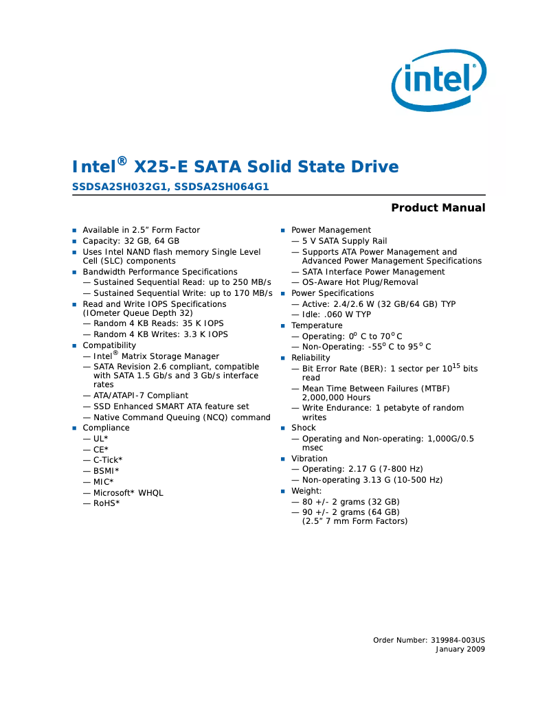 Page 1 de la notice Manuel utilisateur Intel X25-M