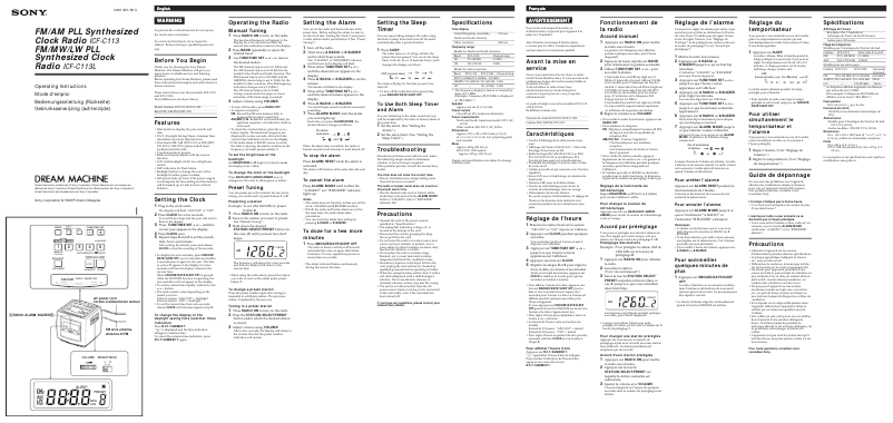 Image de la première page du manuel de l'appareil ICF-C113