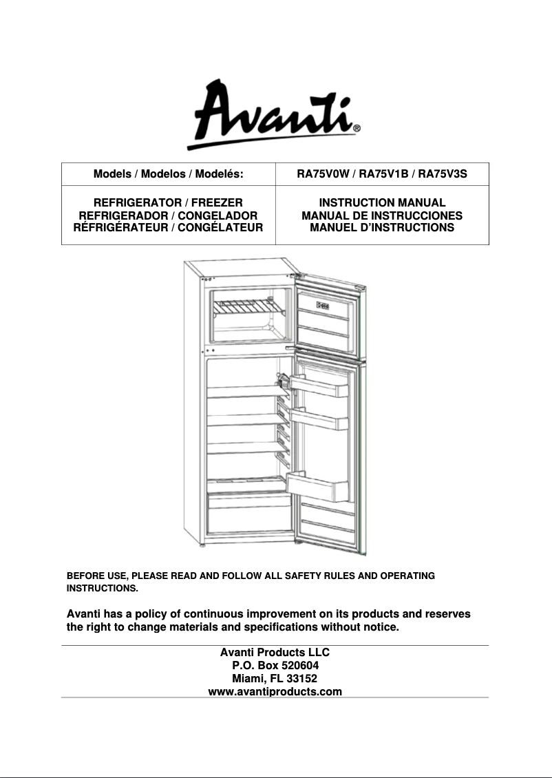 Page 1 de la notice Manuel utilisateur Avanti RA75V0W
