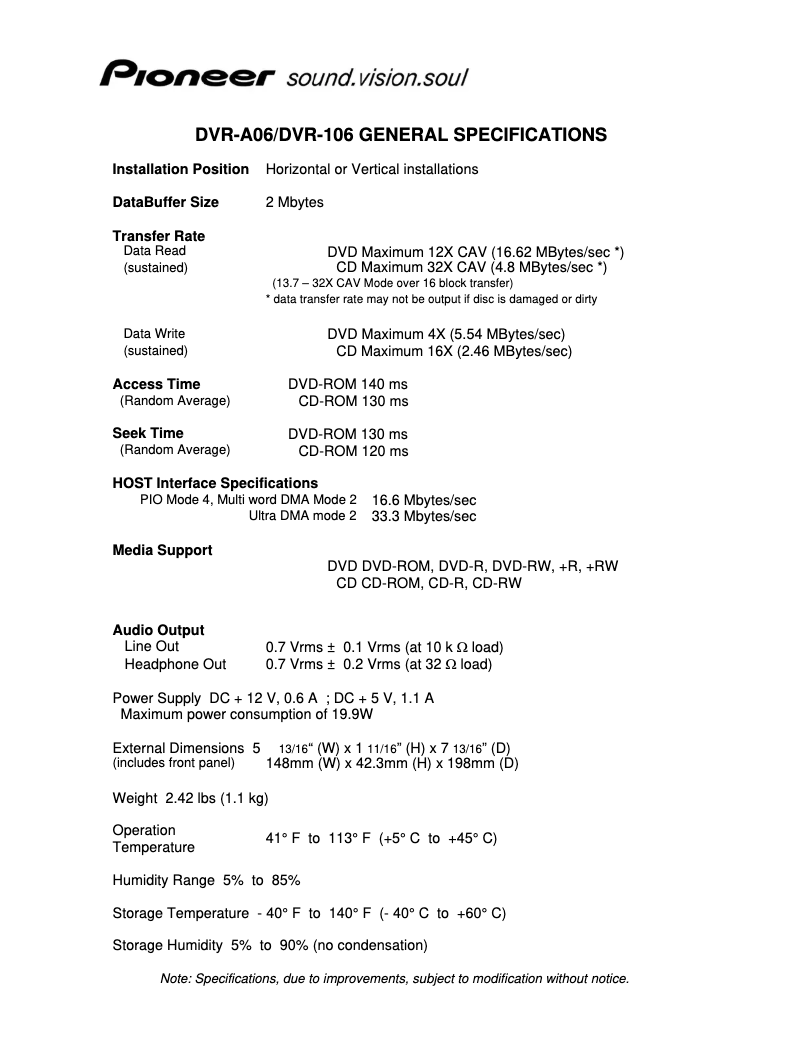 Page 1 de la notice Fiche technique Pioneer DVR-106