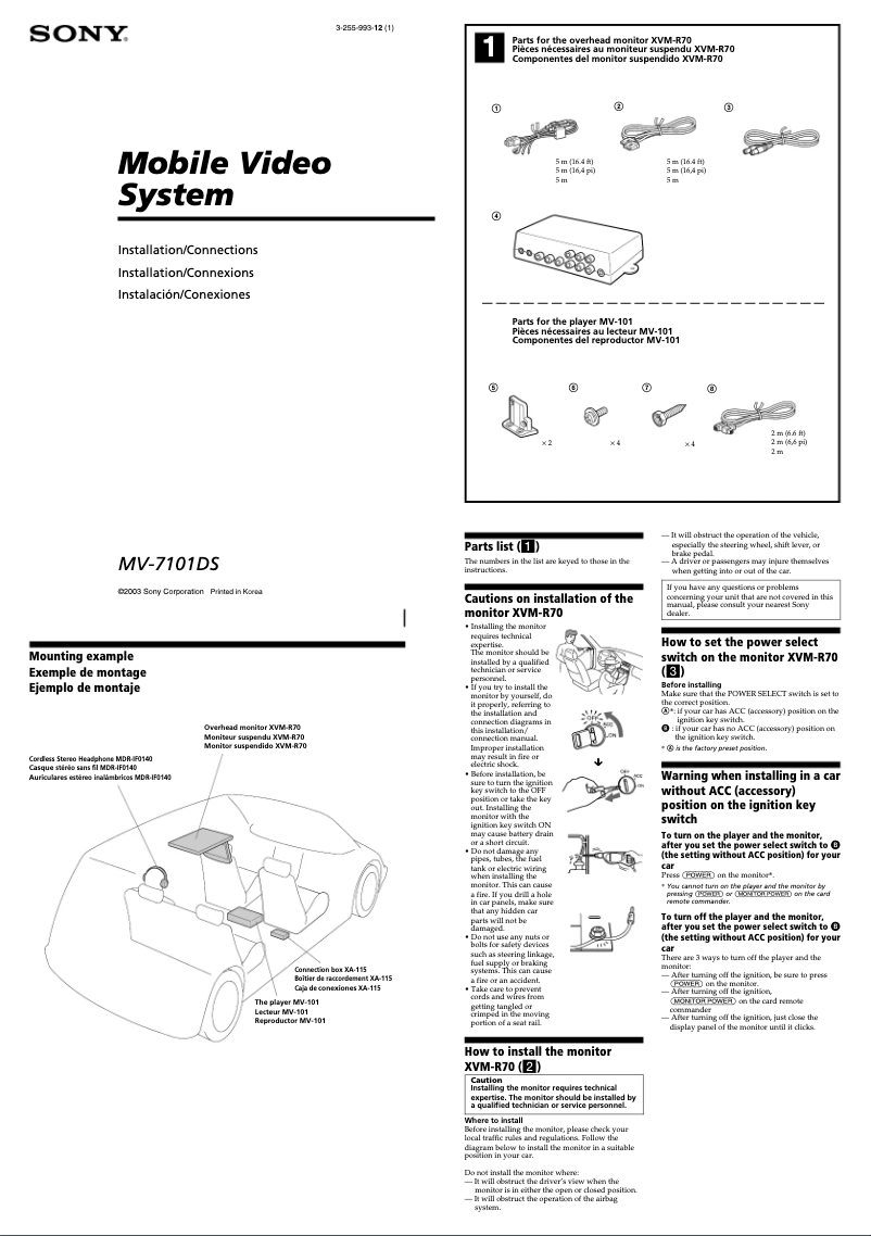 Page 1 de la notice Guide d'installation Sony MV-7101DS