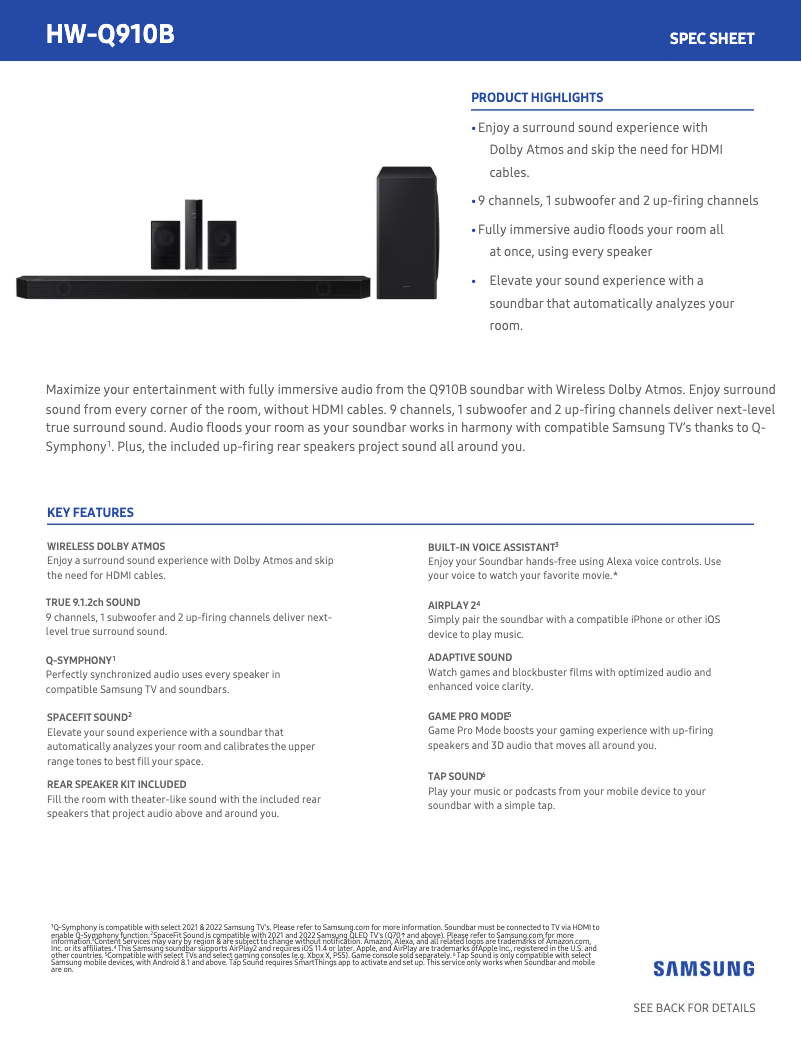 Page 1 de la notice Fiche technique Samsung HW-Q910B