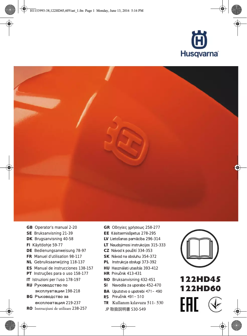 Page 1 de la notice Manuel utilisateur Husqvarna 122HD45