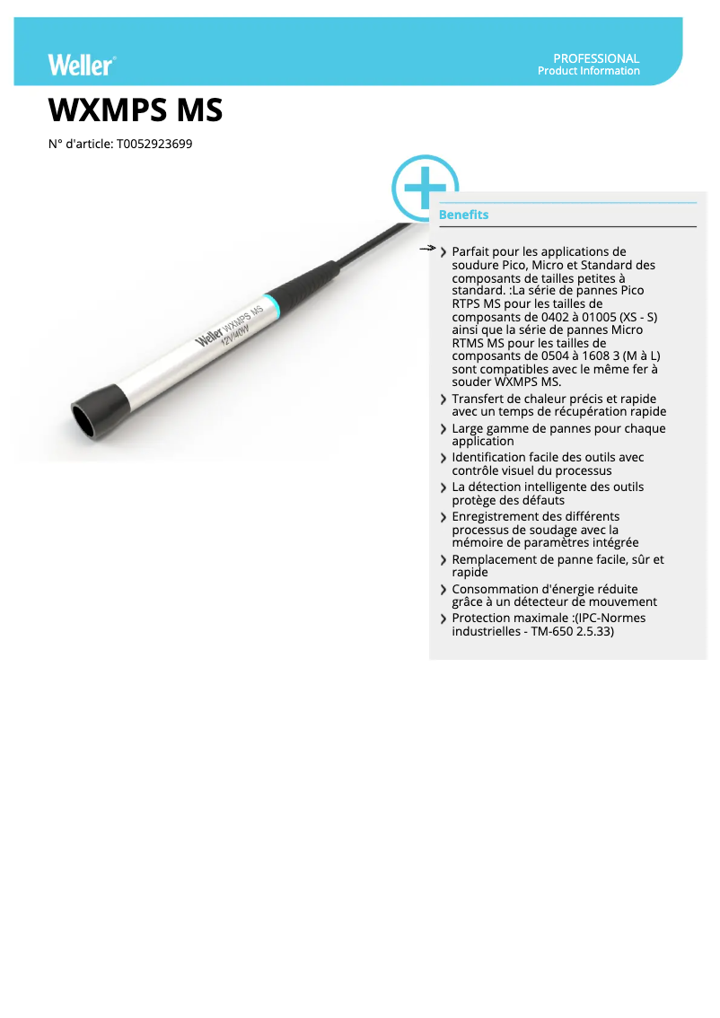 Page 1 de la notice Fiche technique Weller WXMPS MS