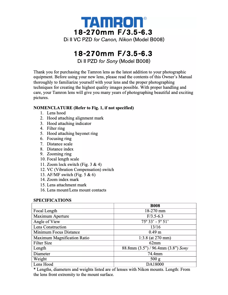 Page 1 de la notice Manuel utilisateur Tamron 18-270mm F/3.5-6.3