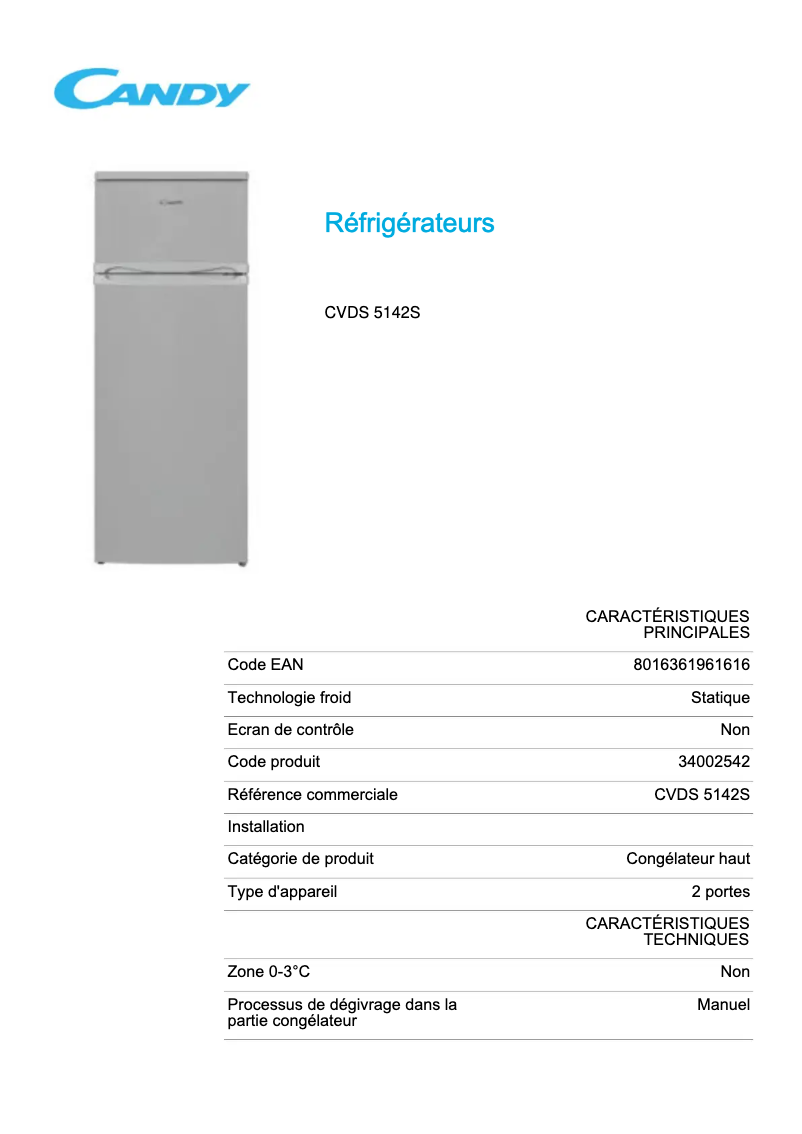 Page 1 de la notice Fiche technique Candy CVDS 5142S