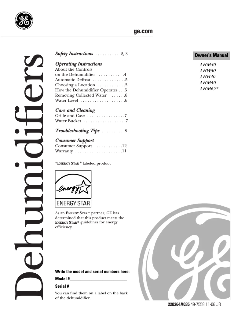 Page 1 de la notice Manuel utilisateur GE AHH40LK