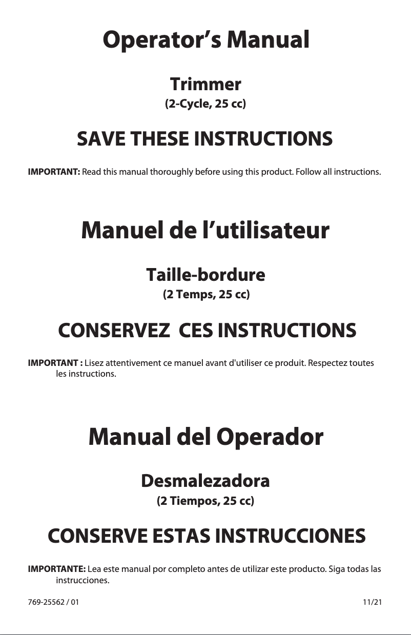 Page n°1 - Manuel utilisateur Troy-Bilt TB25SB