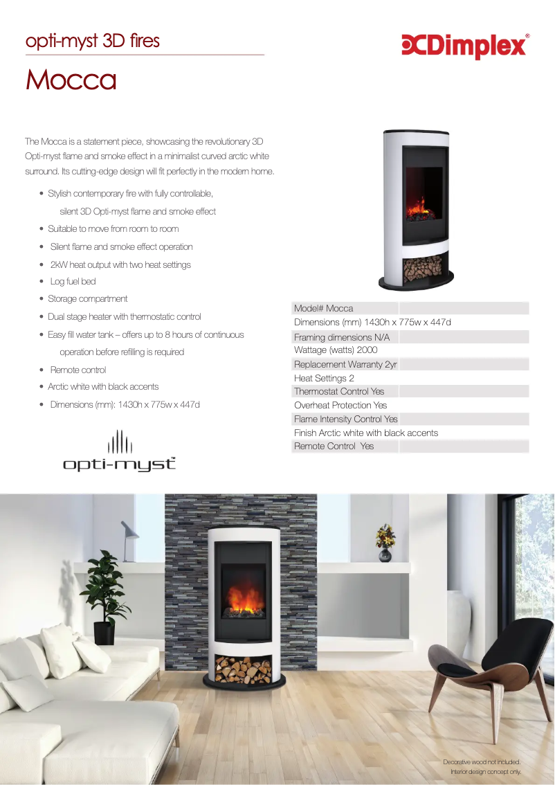 Page 1 de la notice Fiche technique Dimplex MOCCA
