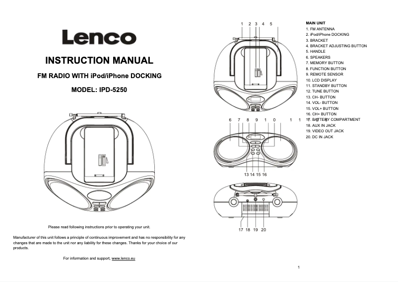 Page n°1 - Manuel utilisateur Lenco IPD-5250