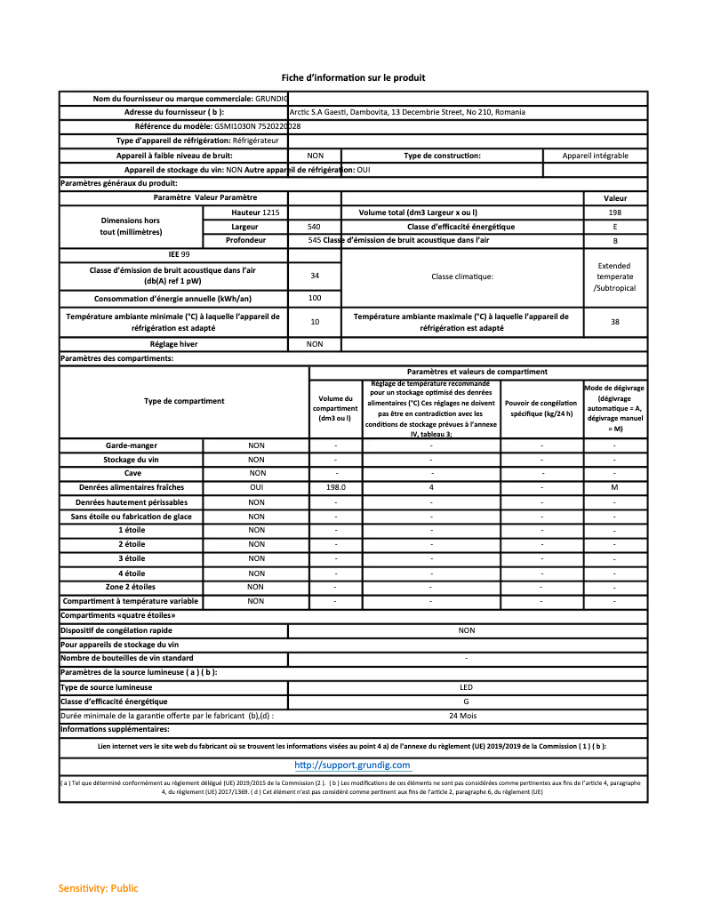 Page 1 de la notice Fiche technique Grundig GSMI1030N