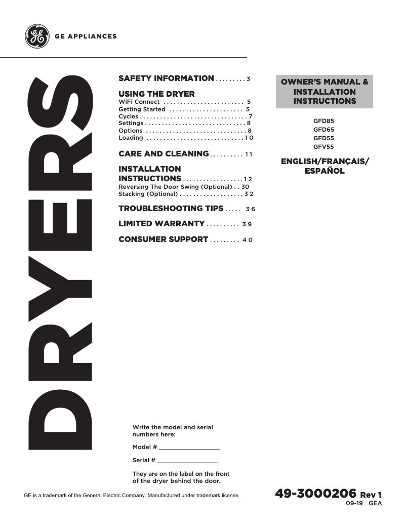 Page 1 de la notice Manuel utilisateur GE GFD65ESPNSN