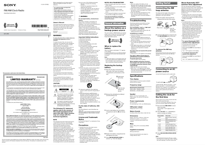 Image de la première page du manuel de l'appareil ICF-C1PJ