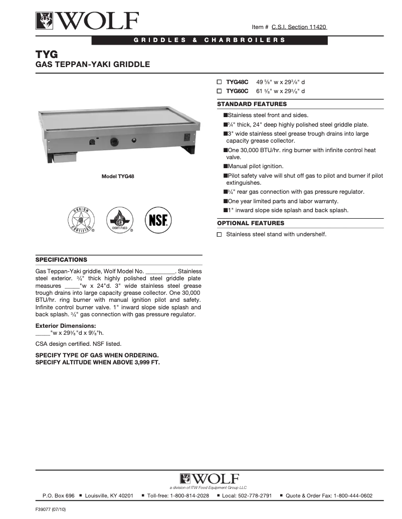 Page 1 de la notice Fiche technique Wolf TYG48