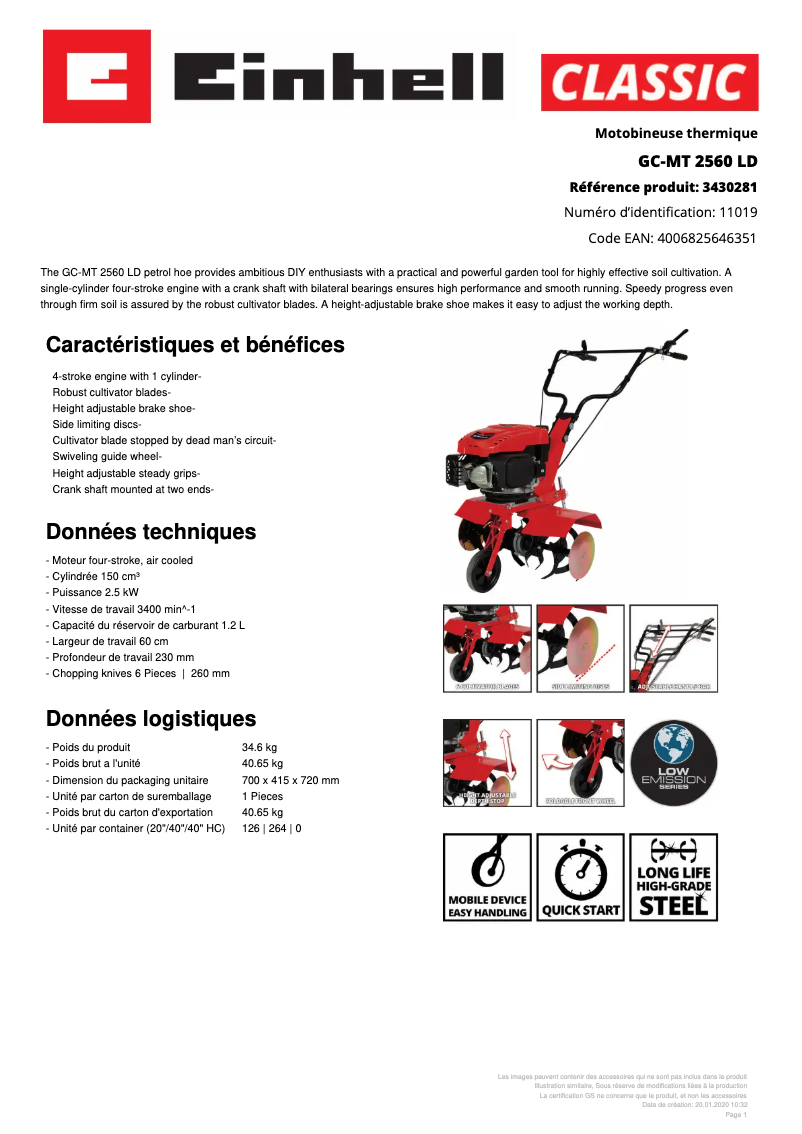 Page n°1 - Fiche technique Einhell GC-MT 2560 LD