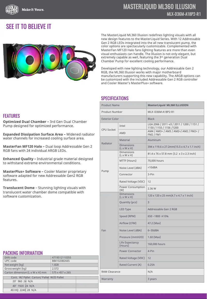 Page 1 de la notice Fiche technique Cooler Master MasterLiquid ML360 Illusion