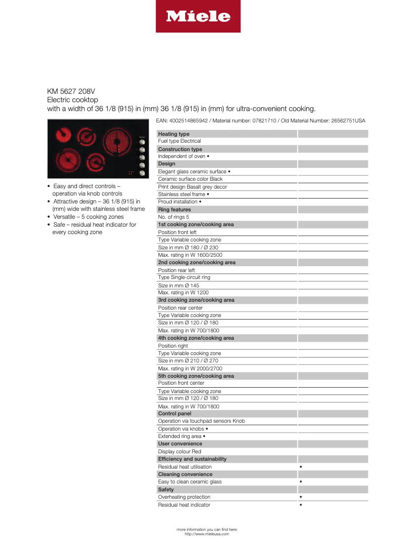 Page 1 de la notice Fiche technique Miele KM 5627 208V