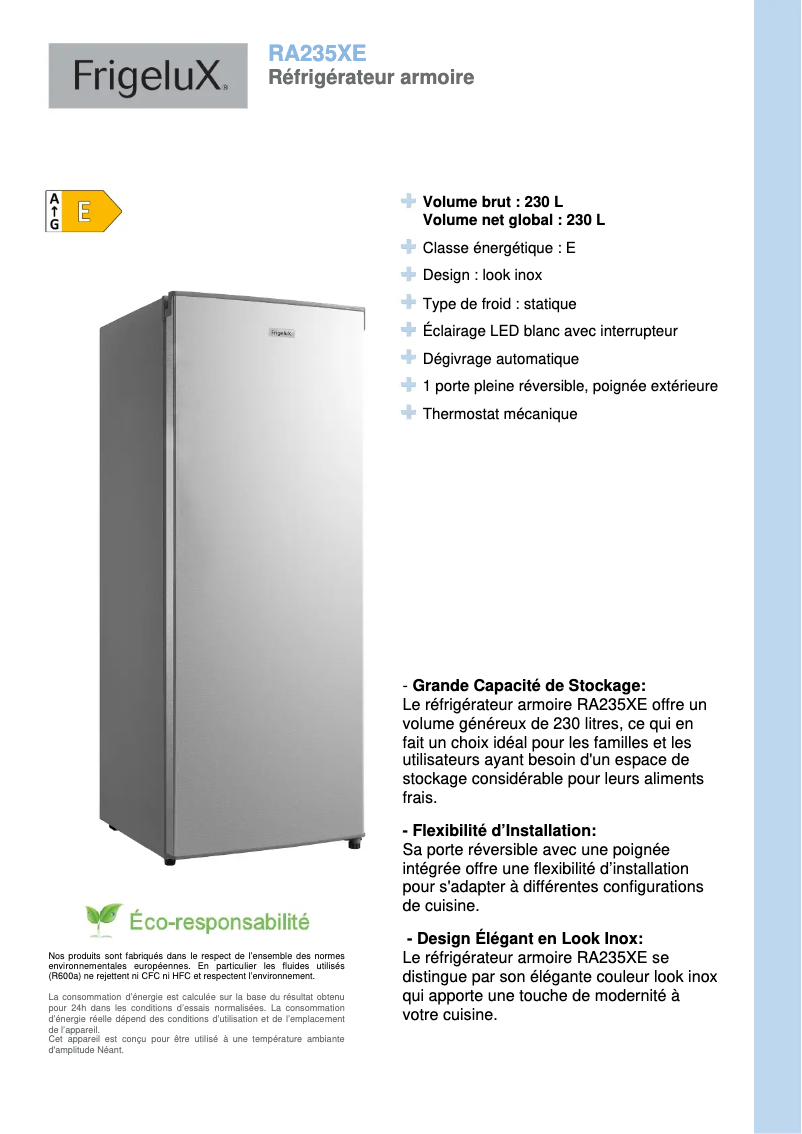 Page n°1 - Fiche technique FrigeluX RA235XE