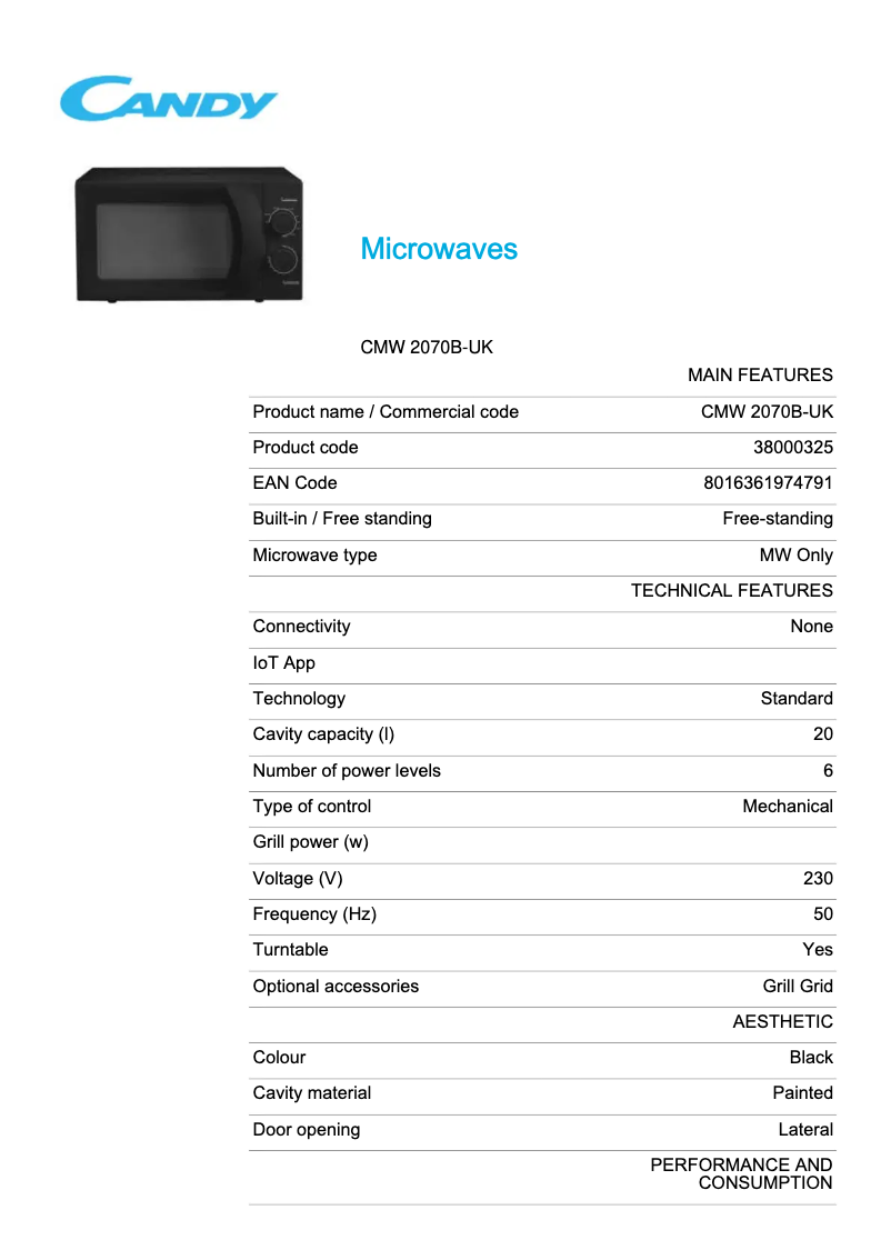 Page 1 de la notice Fiche technique Candy CMW2070B