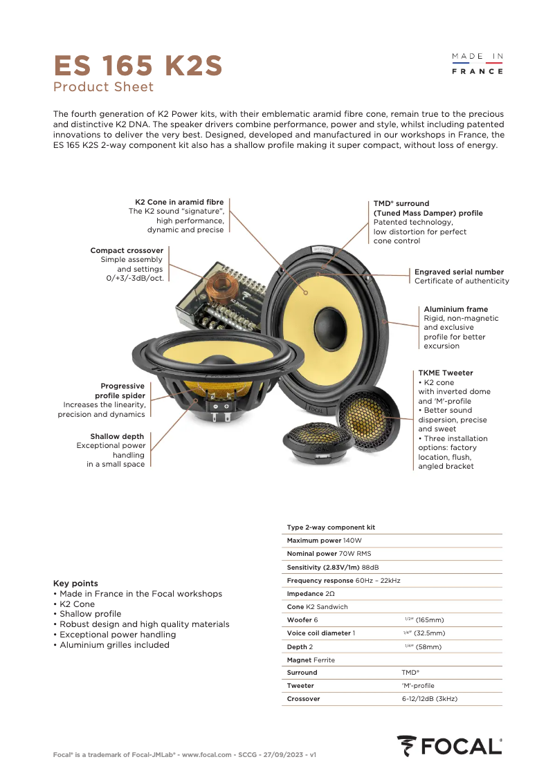 Page 1 de la notice Fiche technique Focal ES 165 K2S