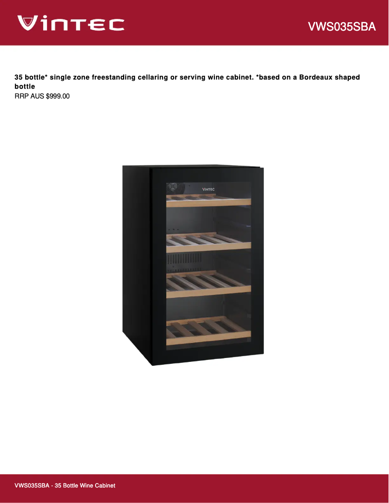 Page 1 de la notice Fiche technique Vintec VWS035SBA