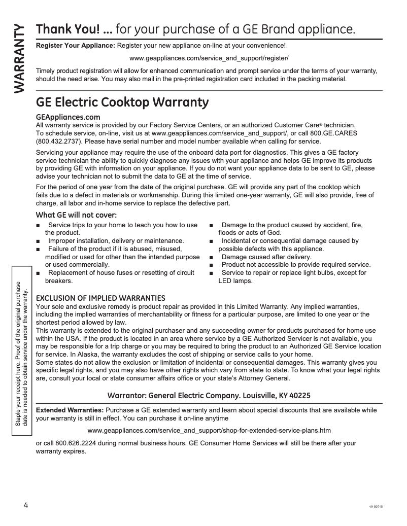 Page 1 of the manual Warranty Information GE Profile PP7030DJBB
