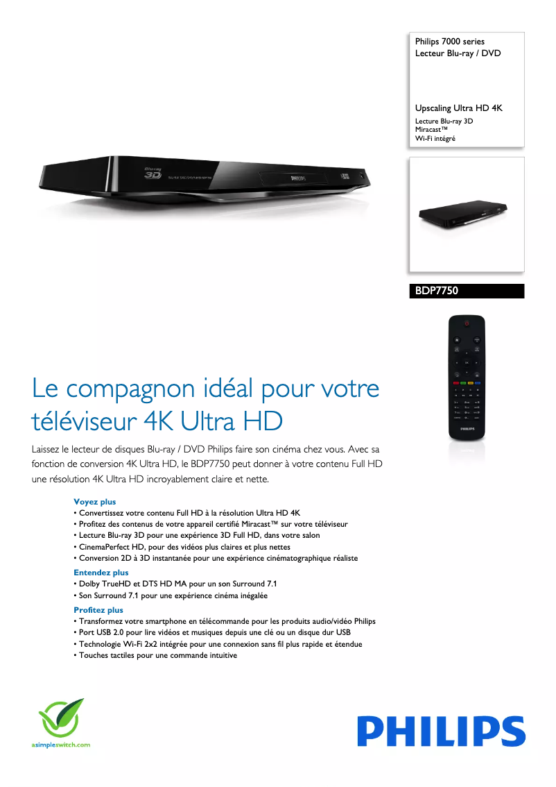 Page 1 de la notice Fiche technique Philips BDP7750