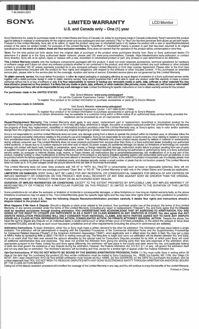 Page 1 de la notice Informations de garantie Sony SDM-F27M30