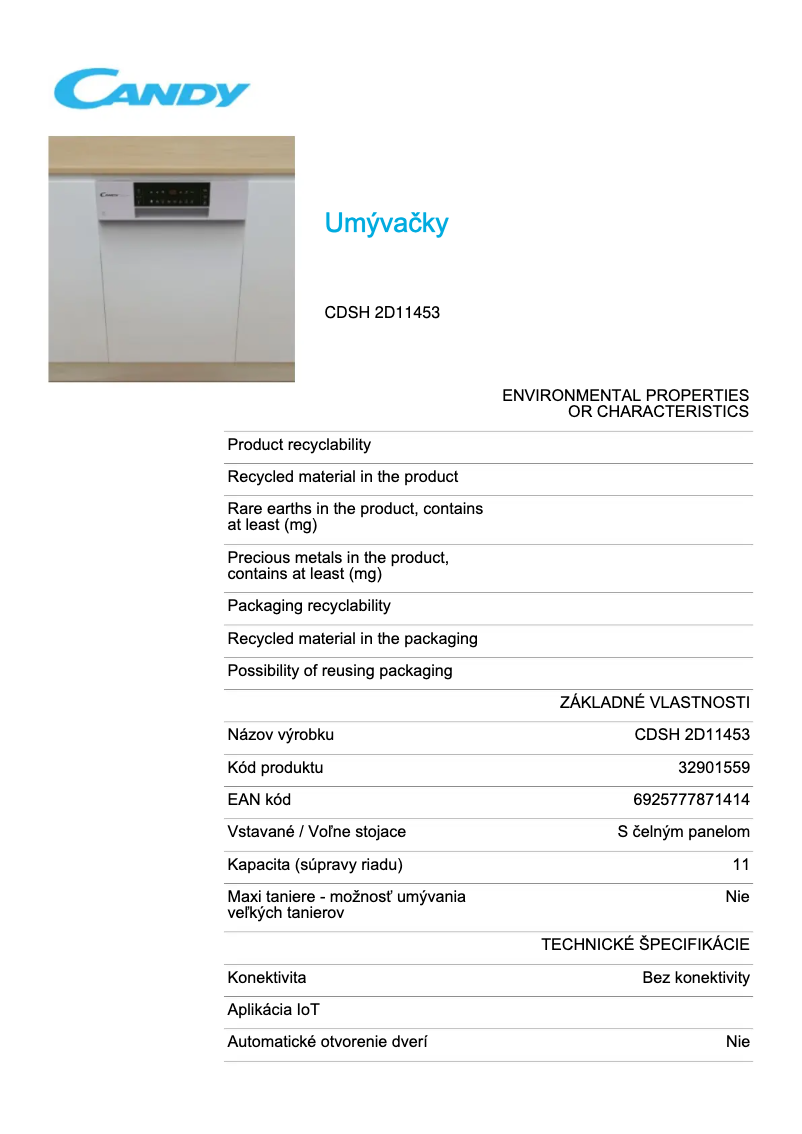 Page 1 de la notice Fiche technique Candy CDSH 2D11453