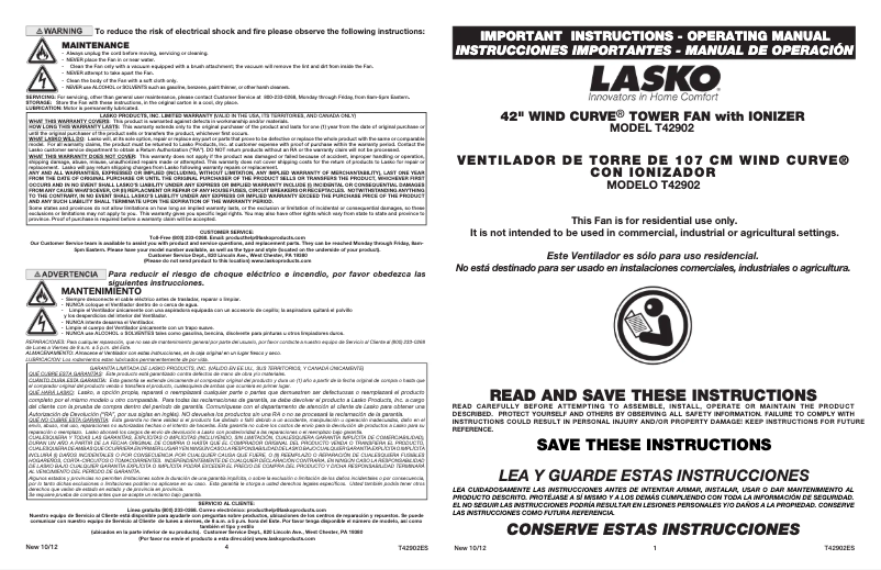 Page 1 de la notice Manuel utilisateur Lasko Wind Curve T42902