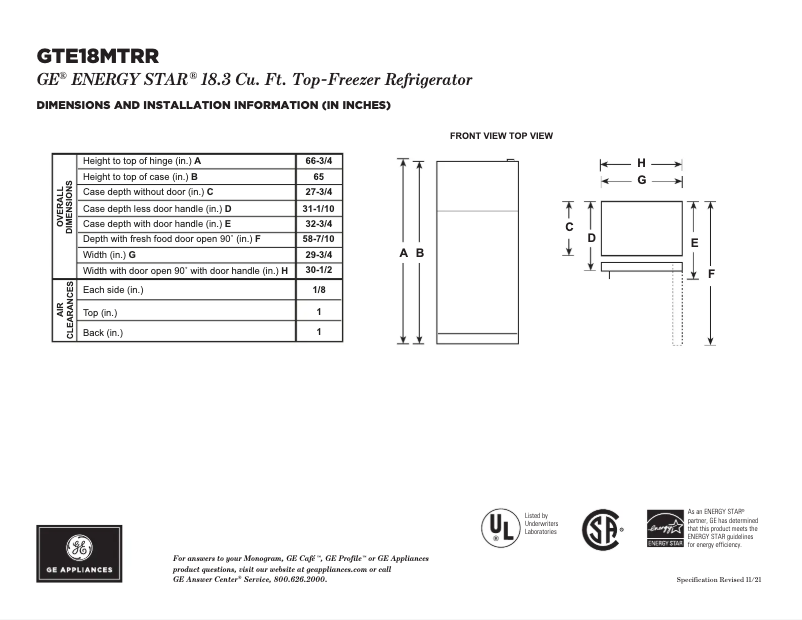 Page 1 de la notice Fiche technique GE GTE18MTRRWW