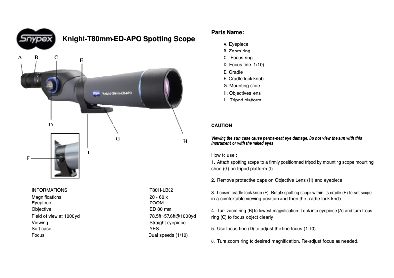 Page 1 de la notice Manuel utilisateur Snypex Knight-T80mm-ED-APO