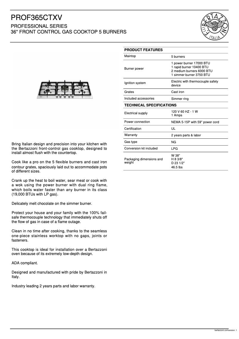 Page 1 de la notice Fiche technique Bertazzoni PROF365CTXV