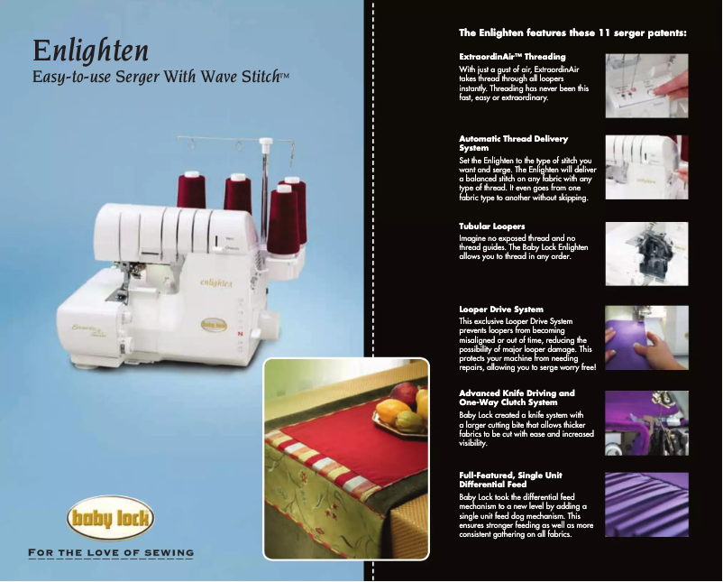 Page 1 de la notice Fiche technique Baby Lock Enlighten