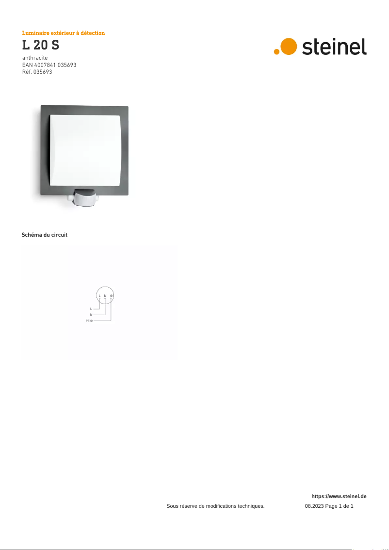 Page 1 de la notice Schéma de câblage Steinel L 20 S