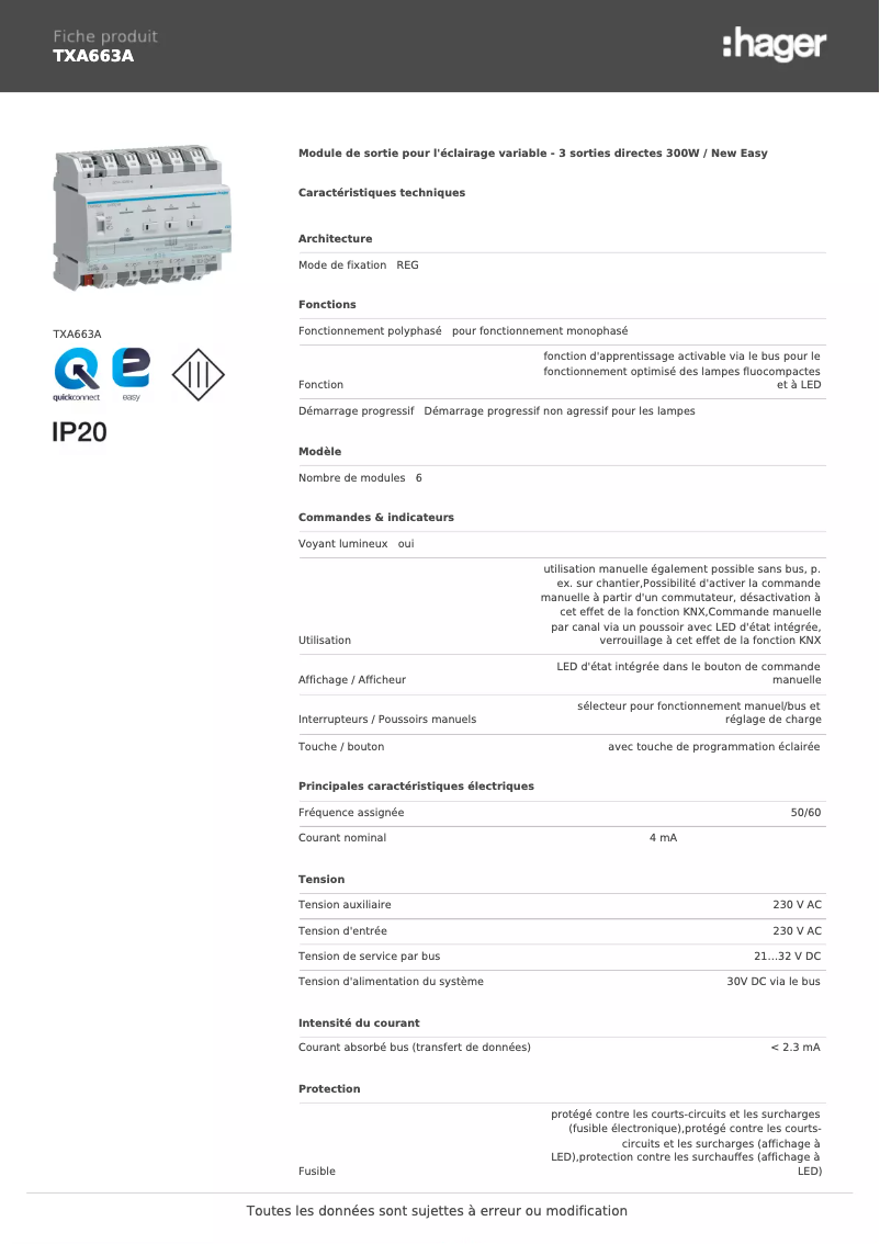 Page 1 de la notice Fiche technique Hager TXA663A