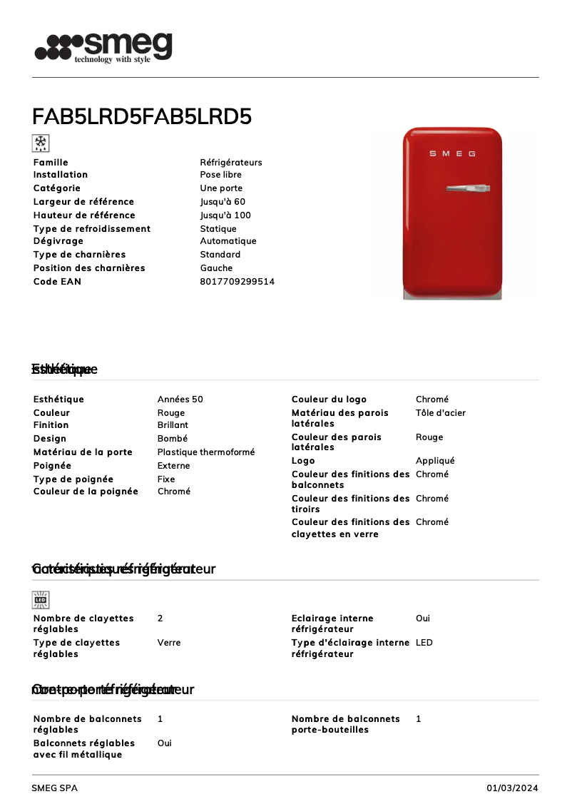 Page 1 de la notice Fiche technique Smeg FAB5LRD5