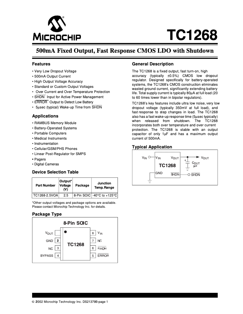 Page 1 de la notice Fiche technique Microchip TC1268