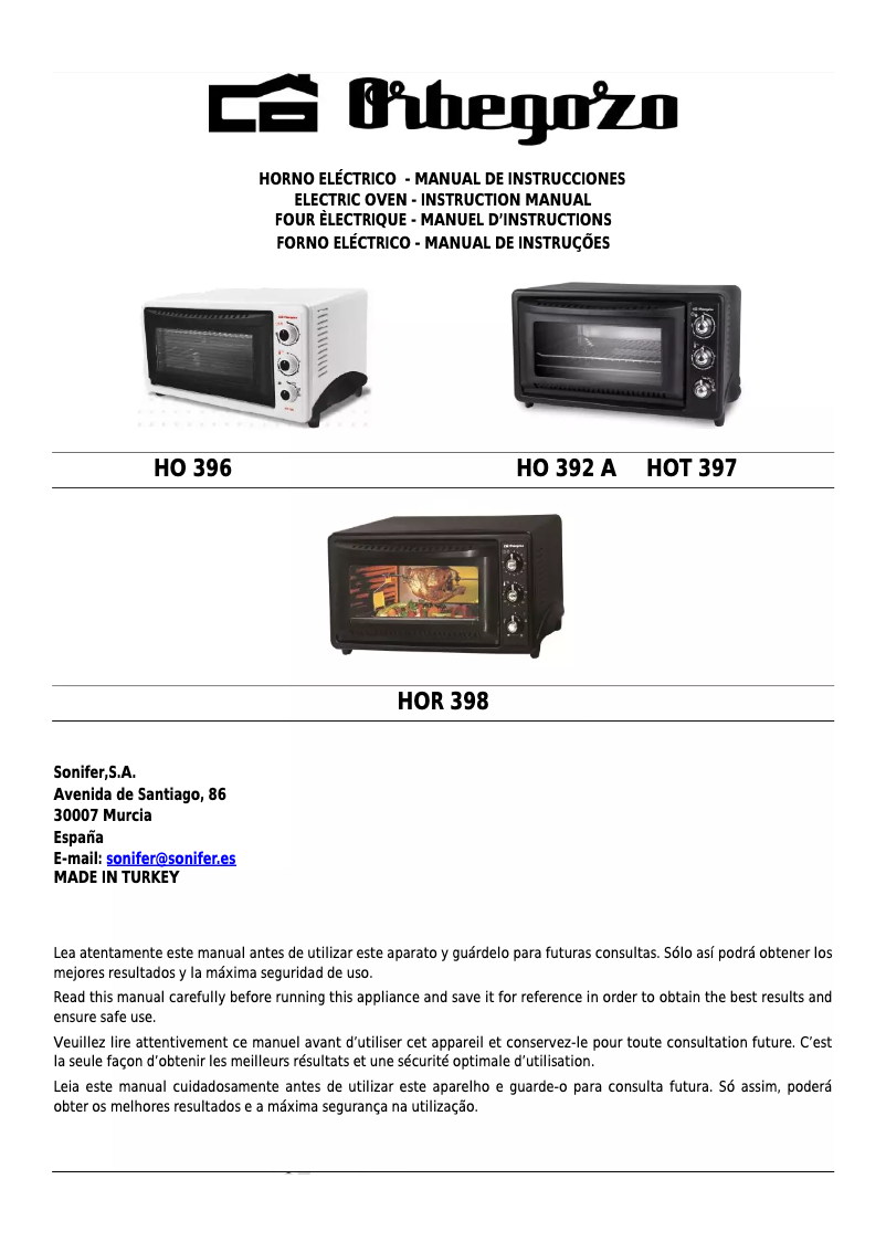 Page n°1 - Manuel utilisateur Orbegozo HO 392 A