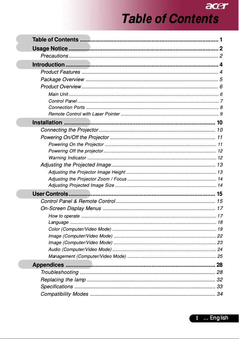 Page n°1 - Manuel utilisateur Acer PD525