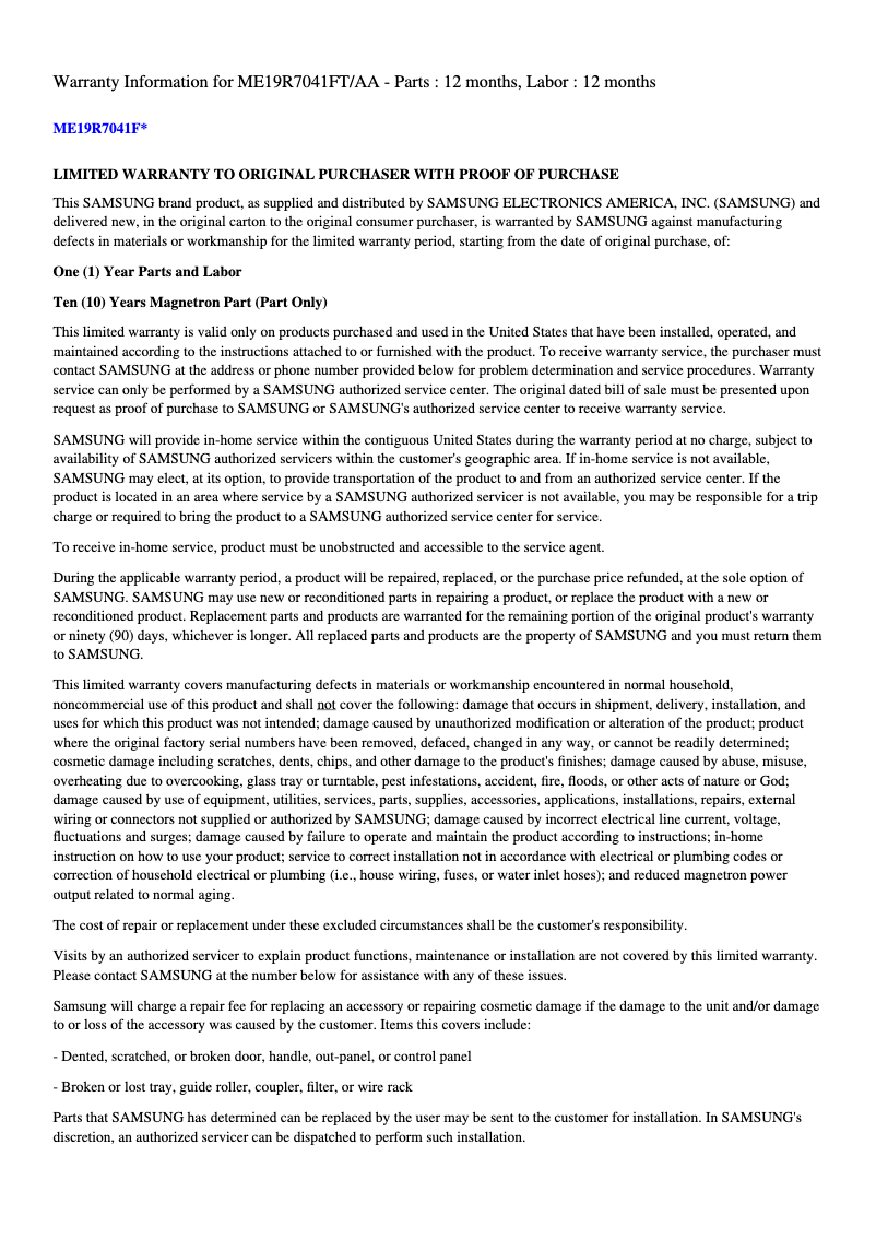 Página 1 del manual Información de garantía Samsung ME19R7041FT/AA