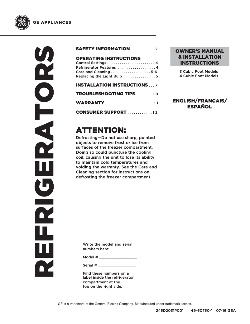 Page n°1 - Guide d'installation GE GDE03GGKWW