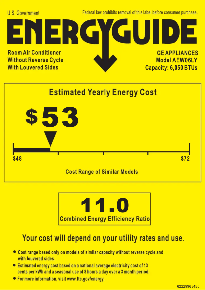 Page 1 de la notice Label énergétique GE AEW06LY