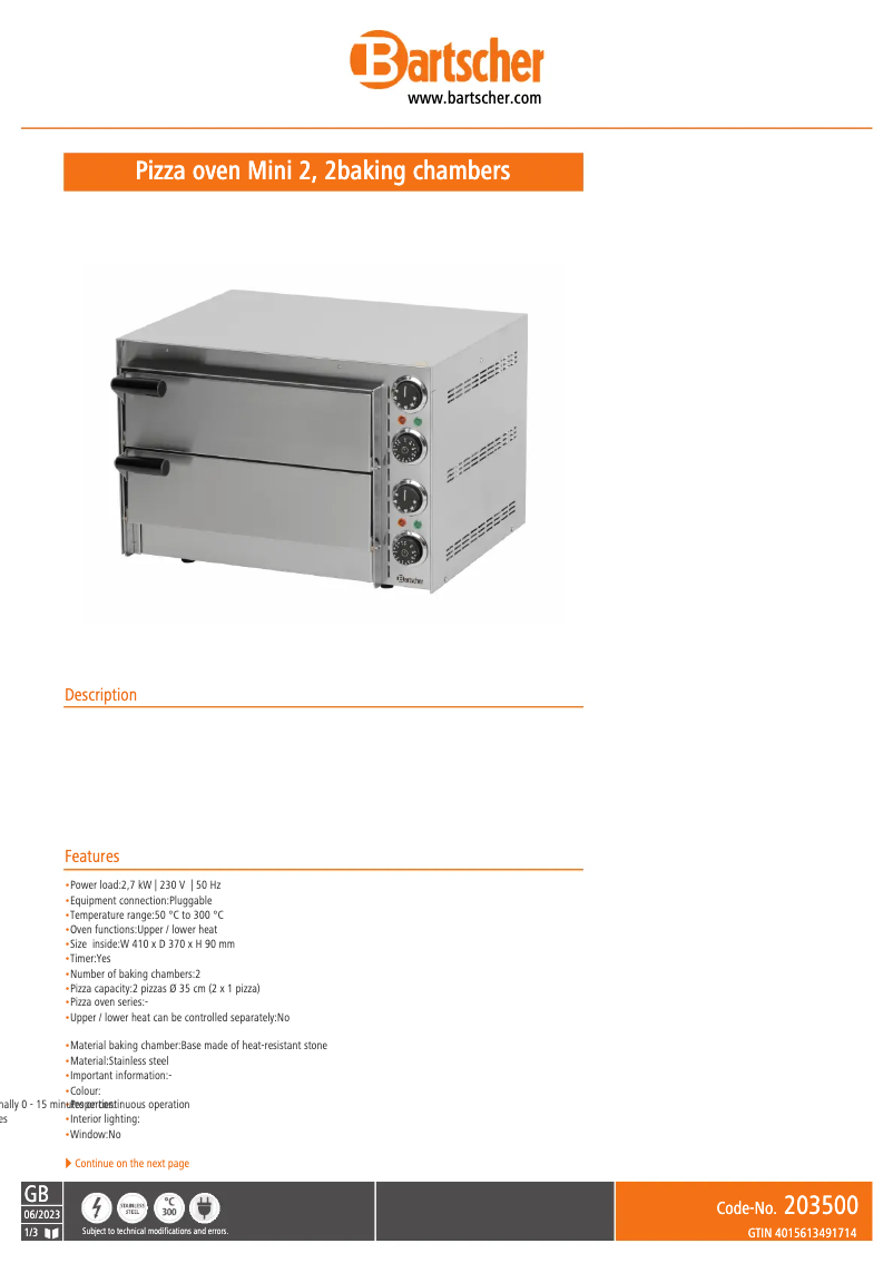 Página 1 del manual Ficha técnica Bartscher 203.500