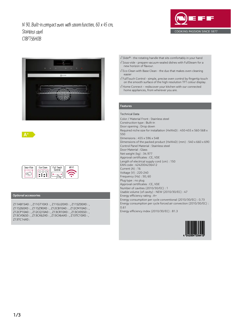 Page 1 de la notice Fiche technique Neff C18FT56H0B