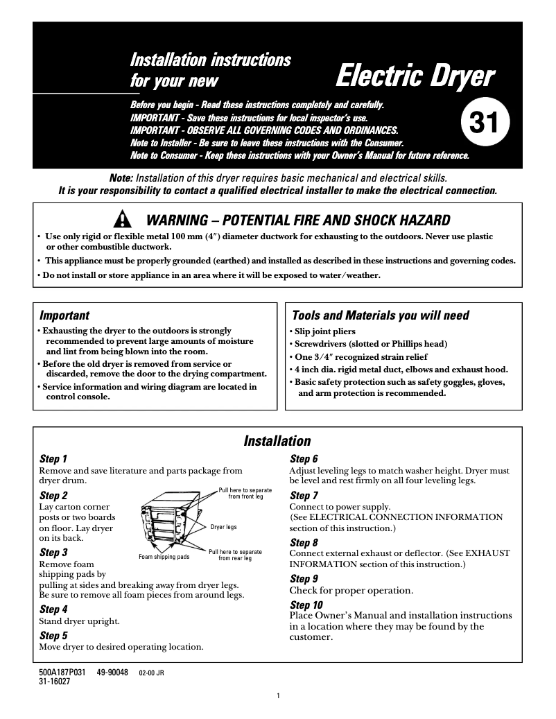 Página 1 del manual Guía de instalación GE DISR473CWWW