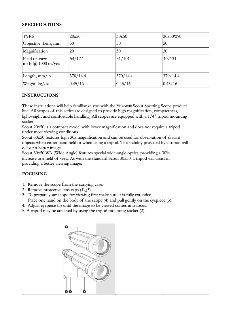 Page n°1 - Manuel utilisateur Yukon Scout 30x50WA