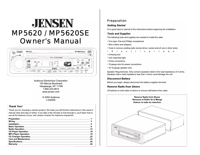Page 1 de la notice Manuel utilisateur Jensen MP5620SE
