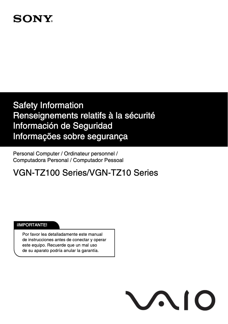 Page 1 de la notice Instructions de sécurité Sony Vaio VGN-TZ17FN/B