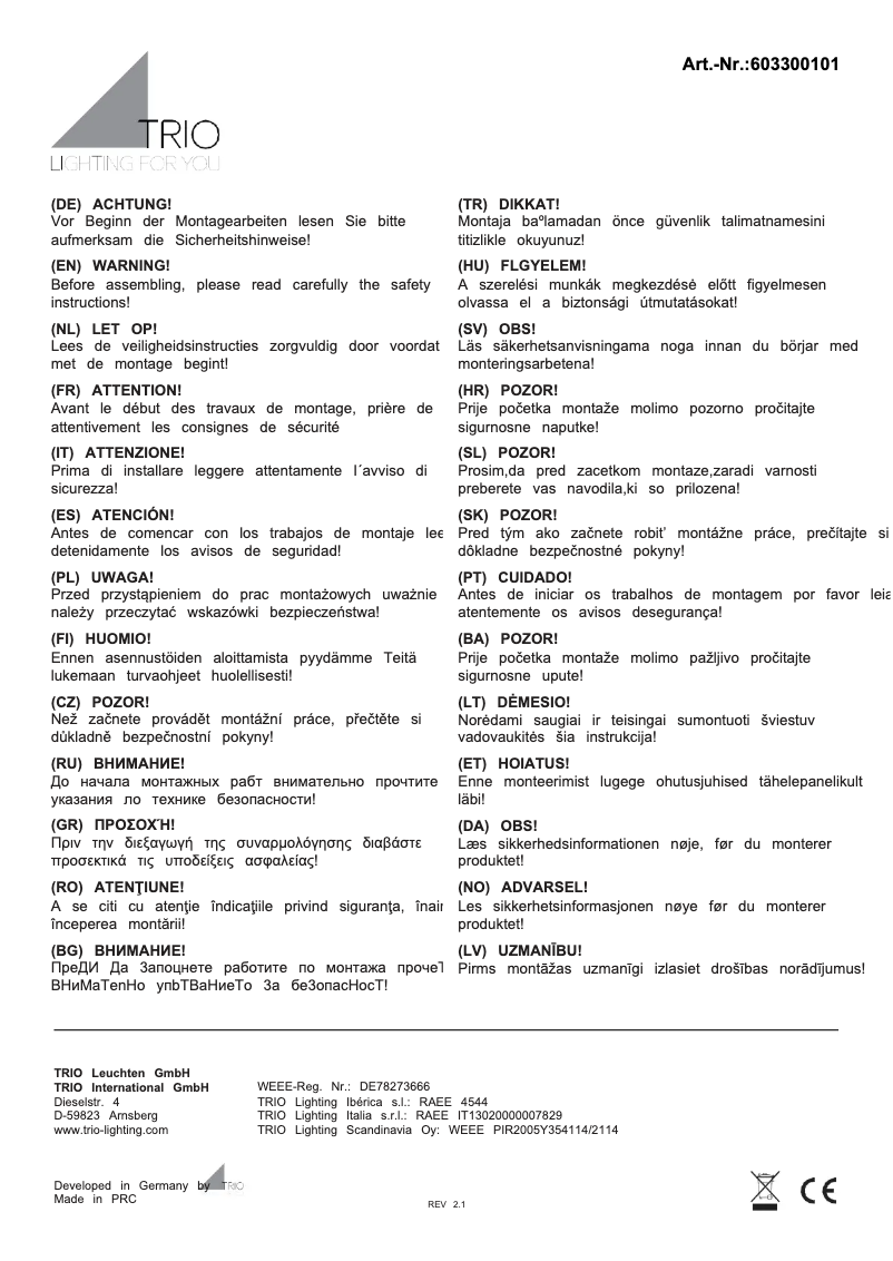 Page n°1 - Manuel utilisateur Trio Lighting Lilly 603300101